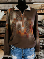 Retro Aztec Print Casual Half-zip Cotton Sweatshirt