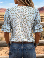 Women's Vintage Art Print Puff Sleeve Casual Shirt
