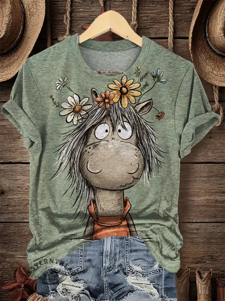 Funny Floral Horse Art Print T-shirt