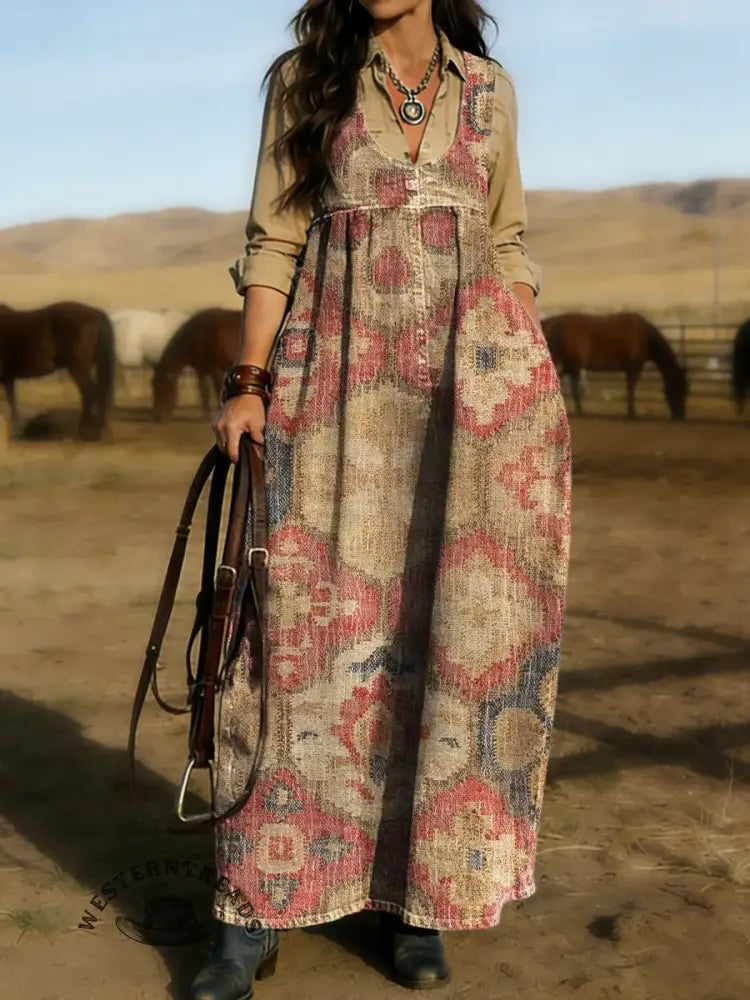 Women's Vintage Aztec Print Casual Denim Dress