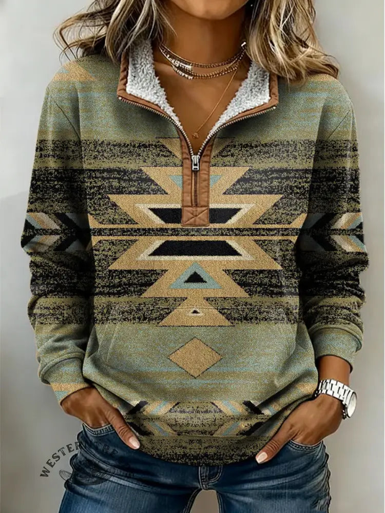 Retro Aztec Print Casual Half-zip Cotton Sweatshirt