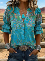 Women's Paisley Art Puff Sleeve Casual Shirt