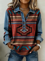 Vintage Aztec Contrast Print Patchwork Denim Knit Pullover Sweater