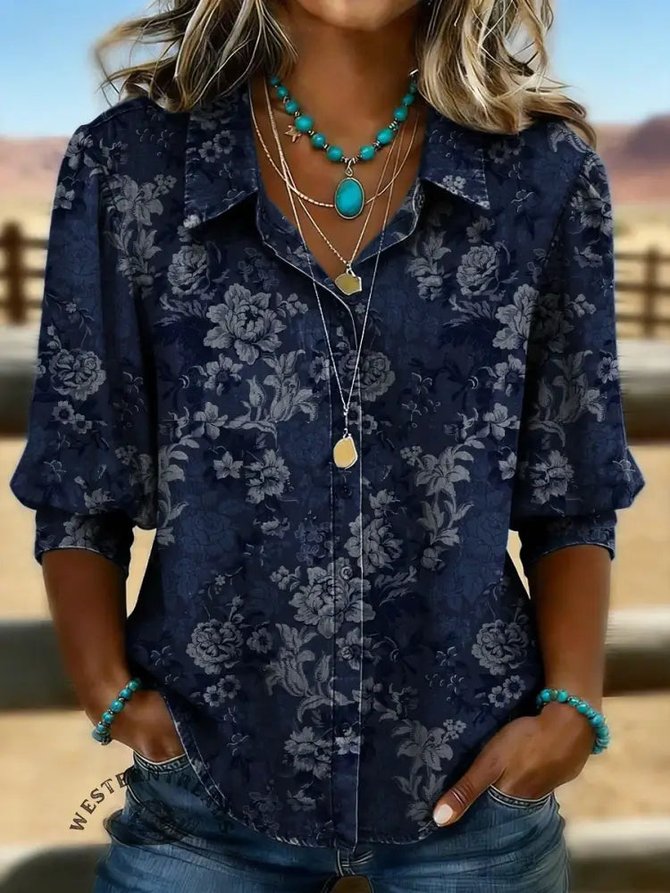 Women's Retro Floral Casual Puff Sleeve Denim Shirt