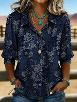 Women's Retro Floral Casual Puff Sleeve Denim Shirt