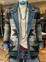 Vintage Aztec Art Print Patchwork Denim Sweater Cardigan Coat