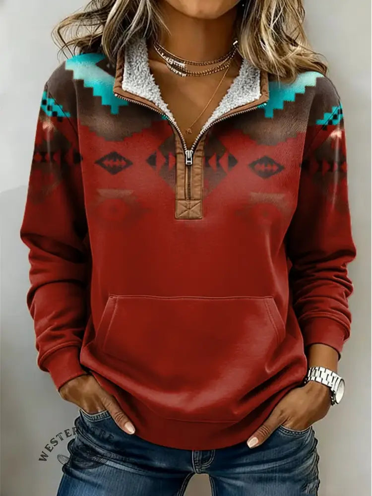 Retro Aztec Print Casual Half-zip Cotton Sweatshirt
