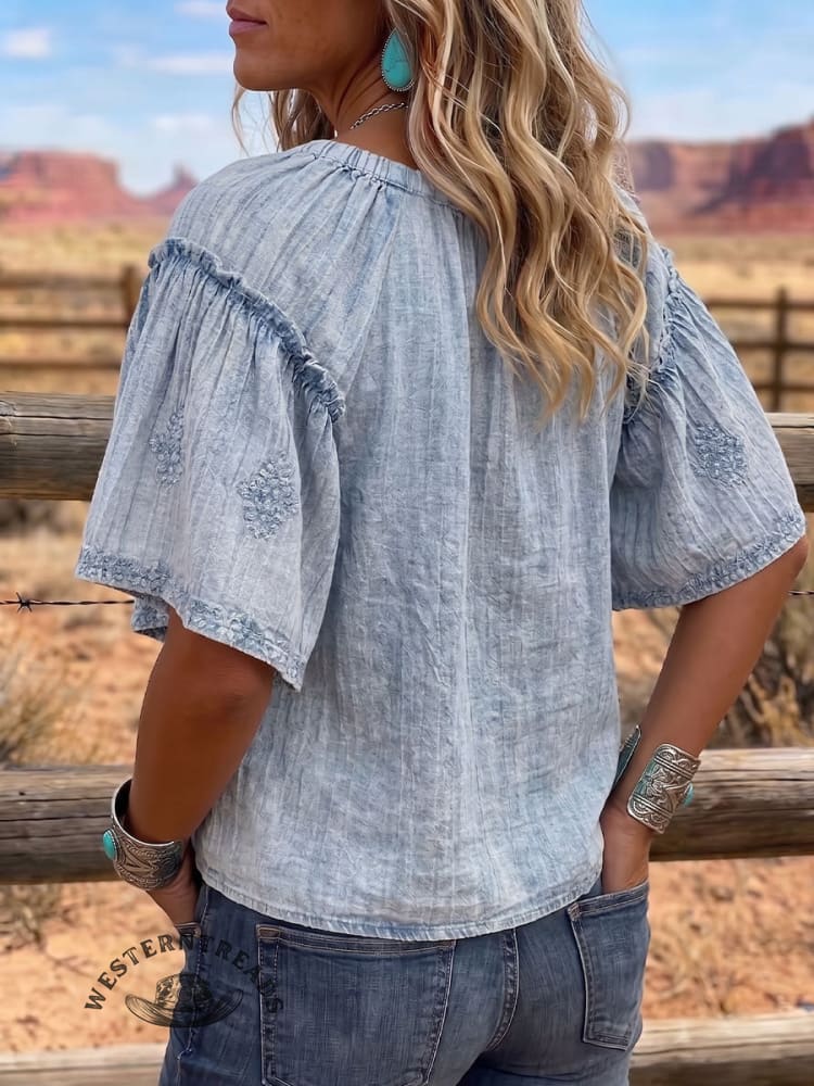 Vintage Art Patchwork Denim Casual Shirt