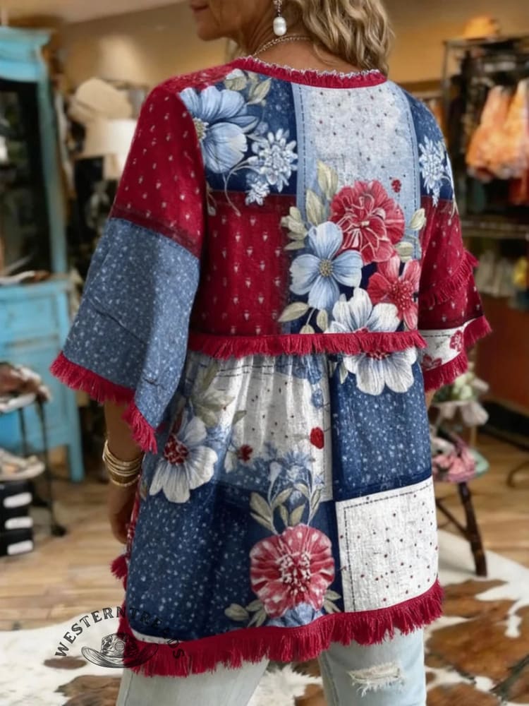 Women's Vintage US Independence Day Flowers Print Patchwork Casual Shirt