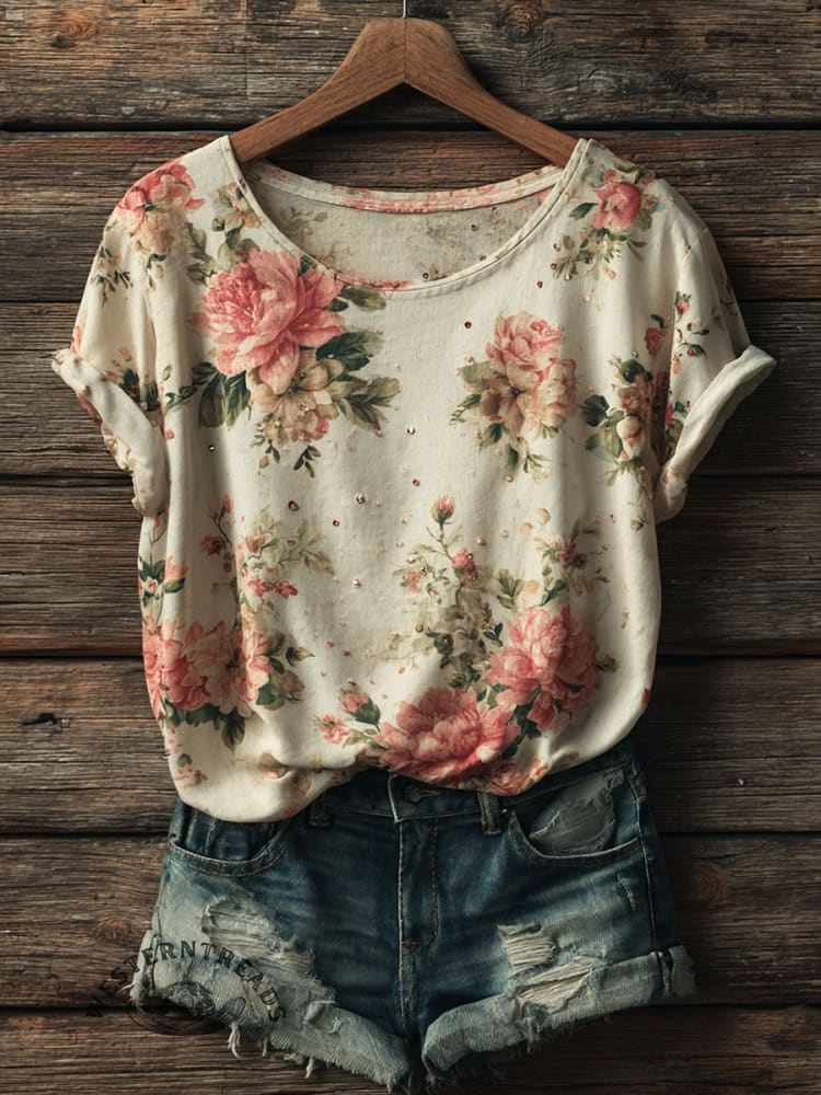 Ethnic Flowers Art Print Casual Short Sleeve T-shirt