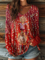 100% Cotton🍃Women's Cowgirl West Floral Print Casual V-neck Long Sleeve T-shirt