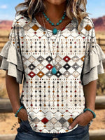 Women's Vintage Art Print Short Sleeve Shirt With Ruffled Sleeves