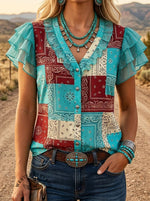 Vintage Paisley Art Print V-Neck Ruffle Casual Shirt