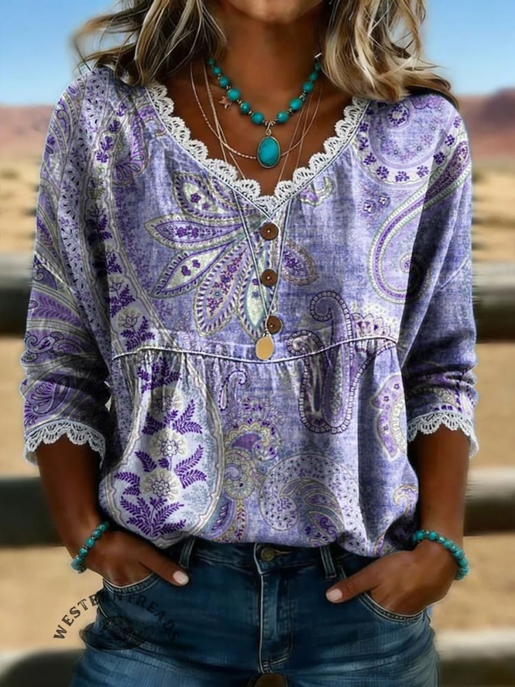 Women's Vintage Floral Print Casual Hollow-Out Denim Shirt