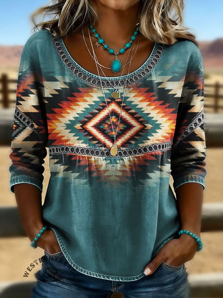 Women's Vintage Aztec Print Casual Hollow Denim Shirt