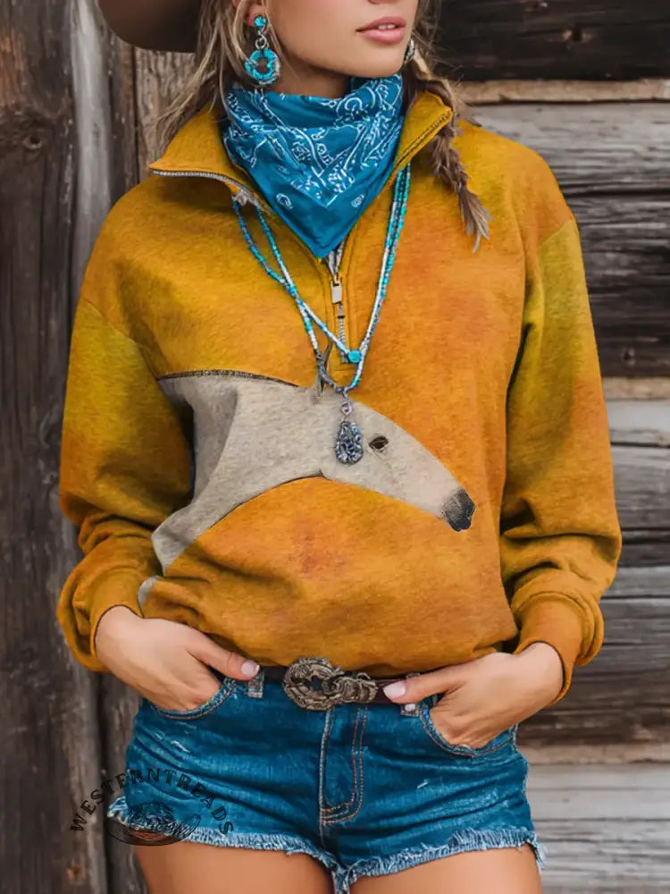 Vintage Print Casual Long Sleeve Zip Sweatshirt