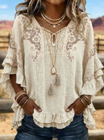 Vintage Bohemian Print Patchwork Hollow Design Cotton And Linen Shirt