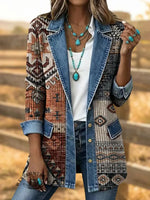 Retro Aztec Print Patchwork Denim Sweater Cardigan Coat