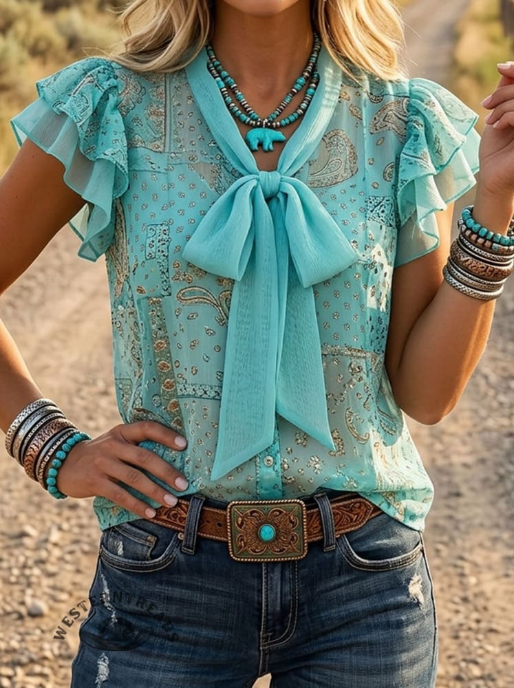 Women's Paisley Art Print Casual Lace Up Ruffle Shirt