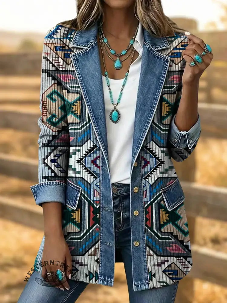 Retro Southwestern Art Print Patchwork Denim Sweater Cardigan Coat