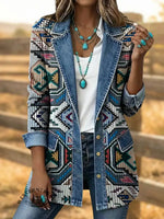 Retro Southwestern Art Print Patchwork Denim Sweater Cardigan Coat