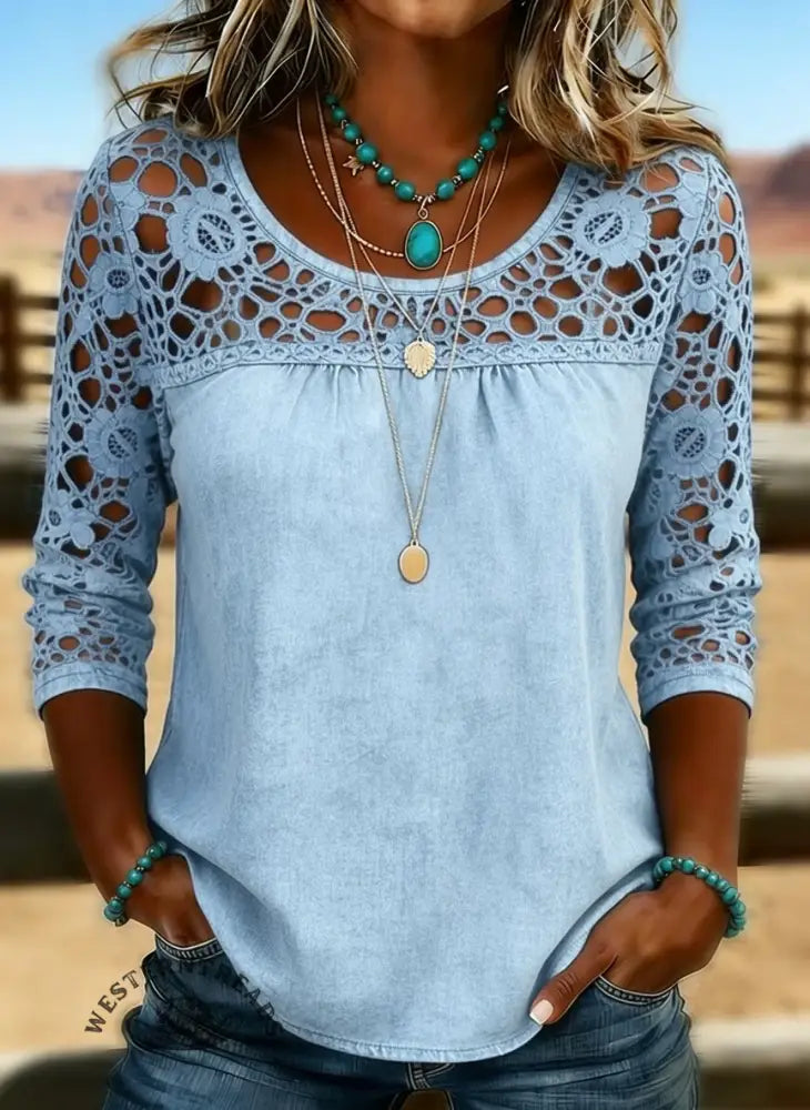 Women's Solid Color Casual Loose Lace Denim Shirt