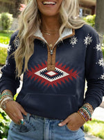 Aztec Print Casual Half-zip Cotton Sweatshirt