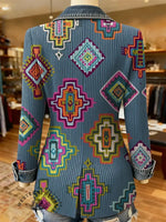 Retro Aztec Art Pattern Print Patchwork Denim Sweater Cardigan Coat
