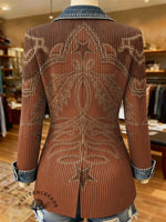 Retro Cowboy Boot Stitching Print Patchwork Denim Sweater Cardigan Coat