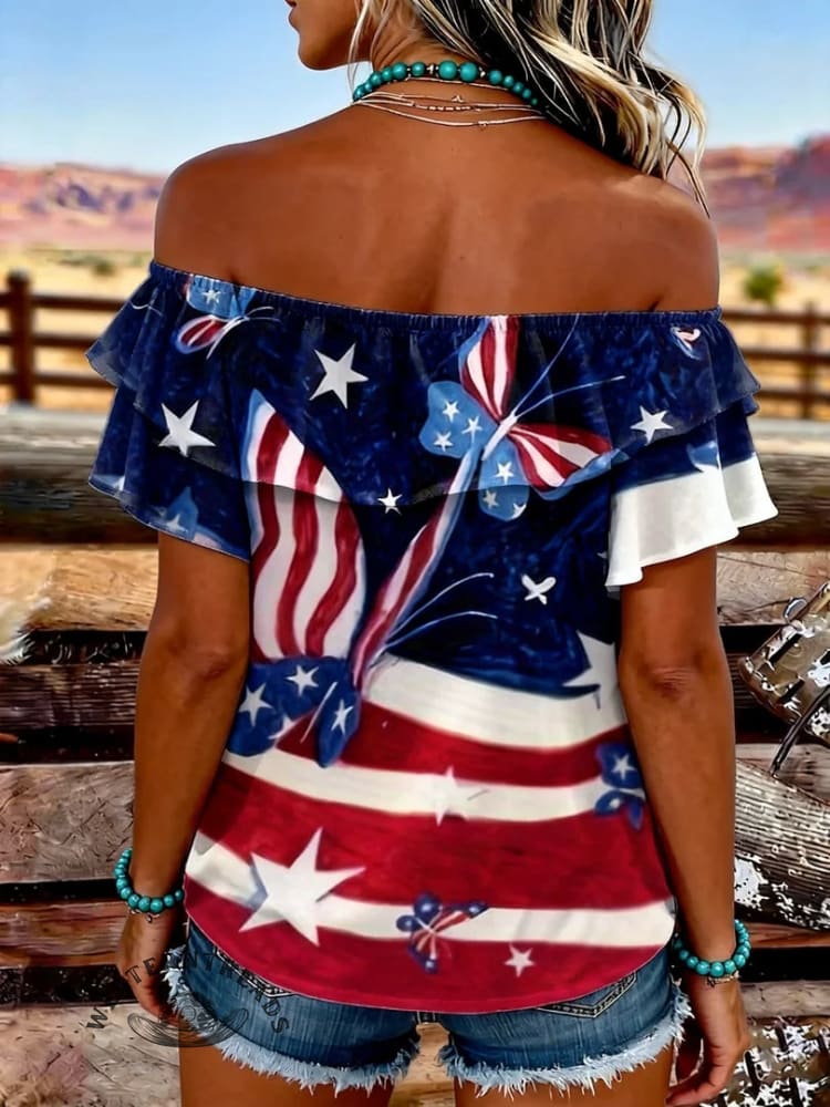 Women's Vintage US Independence Day Butterfly Print Elastic Off-Shoulder Double-Layer Casual Shirt