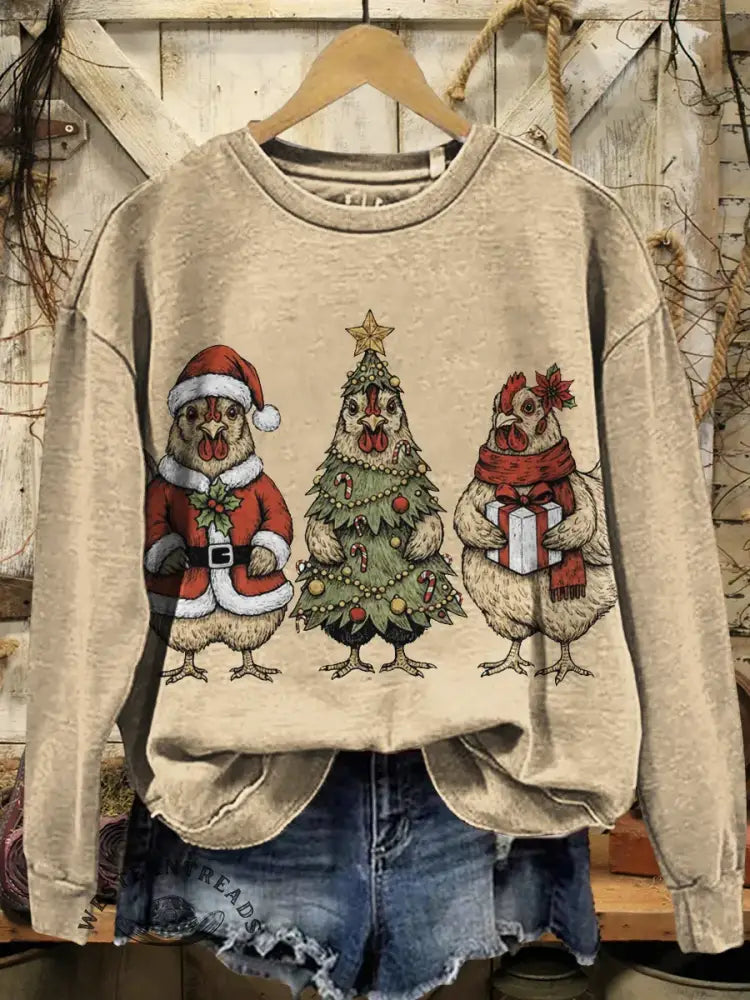 Vintage Farm Animal Christmas Art Print Casual Sweatshirt