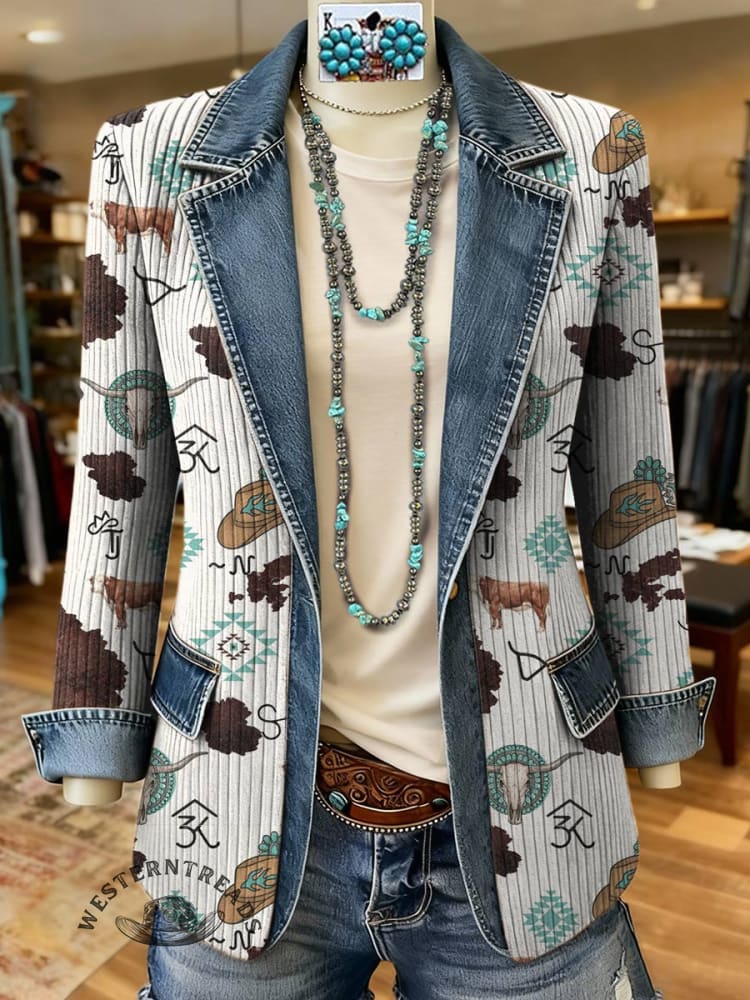 West Print Patchwork Denim Sweater