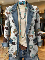 West Print Patchwork Denim Sweater