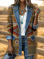 Vintage Aztec Art Print Patchwork Denim Coat