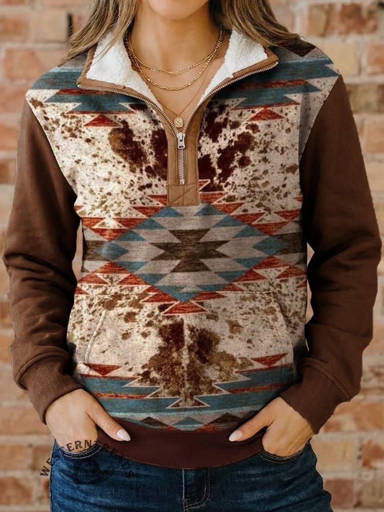 West Print Casual Half-zip Cotton Sweatshirt