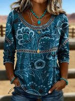 Women's Vintage Print Casual Hollow Denim Shirt