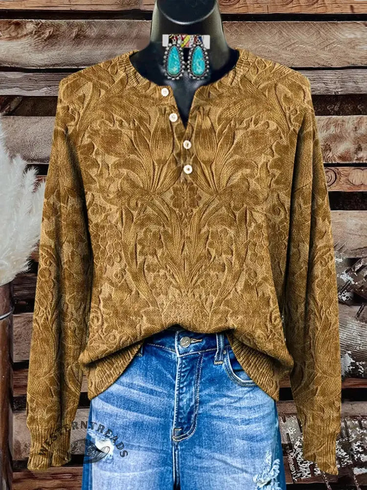 Retro Floral Art Print Buttoned Cardigan Sweater