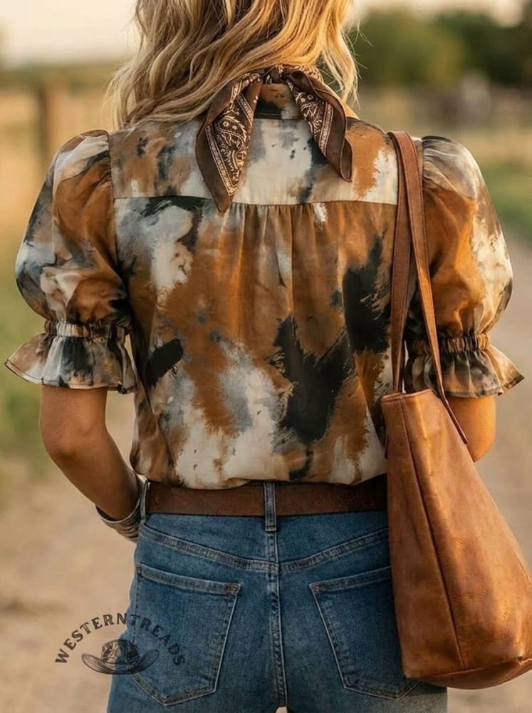 Vintage Abstract Art Print Puff Sleeve Shirt