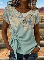 Retro Floral Art Tie Cotton Linen T-shirt