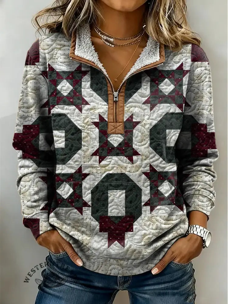 Christmas Color Scheme Geometric Print Casual Half-zip Cotton Sweatshirt