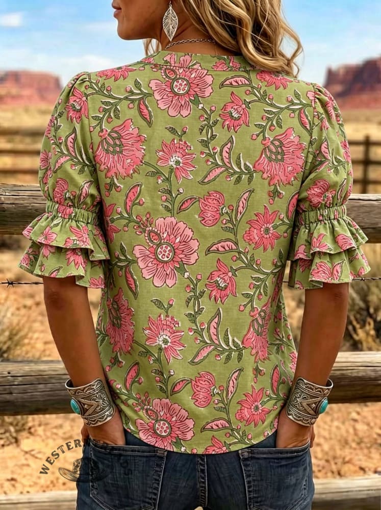Women's Floral Print Puff Sleeve Casual Shirt