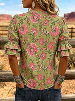 Women's Floral Print Puff Sleeve Casual Shirt
