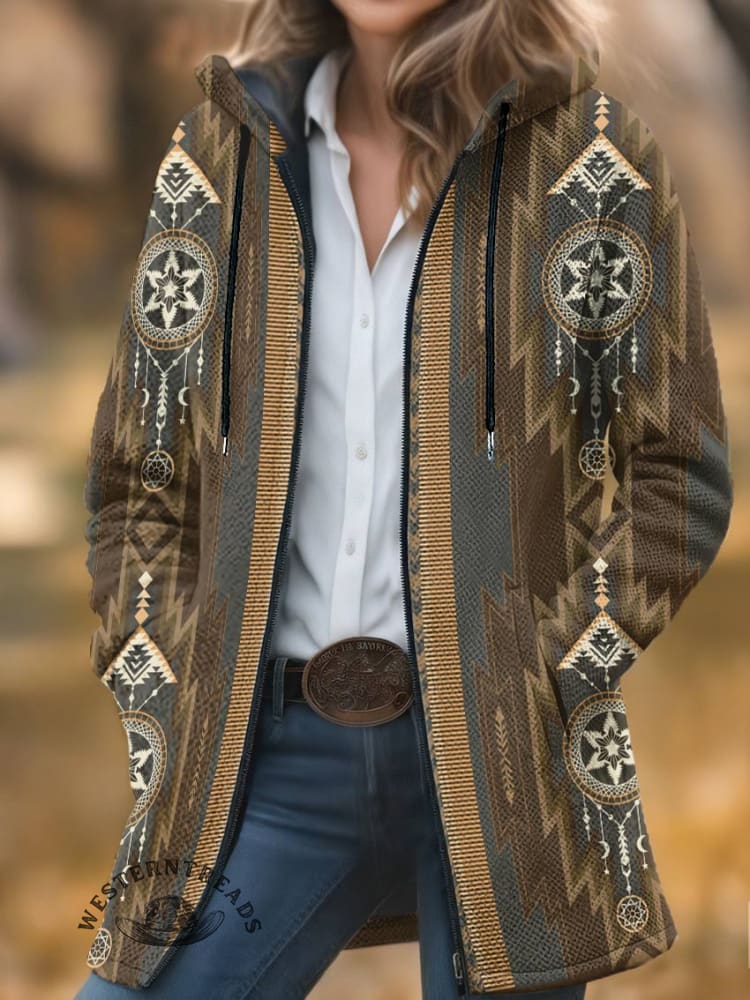 Aztec Print Unisex Plush Thick Long-sleeved Cardigan Coat