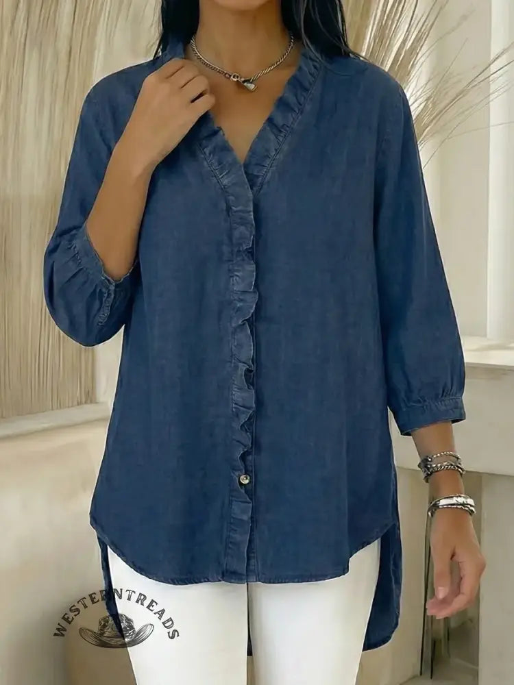 Women's Casual Denim V-Neck Ruffled Shirt
