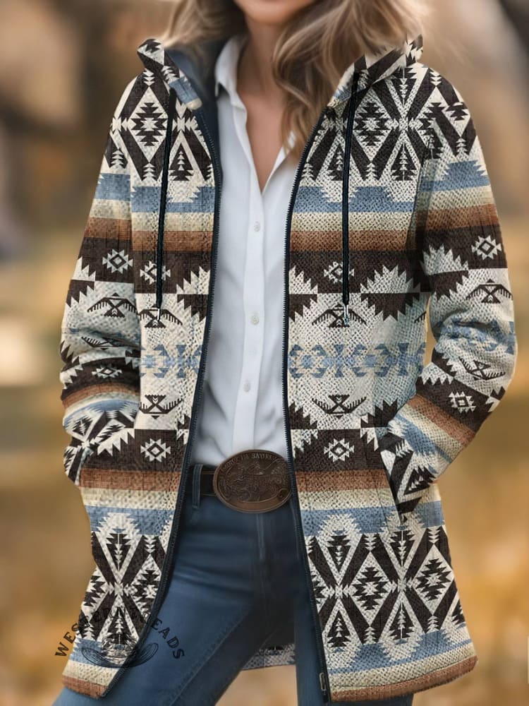 Aztec Print Unisex Plush Thick Long-sleeved Cardigan Coat