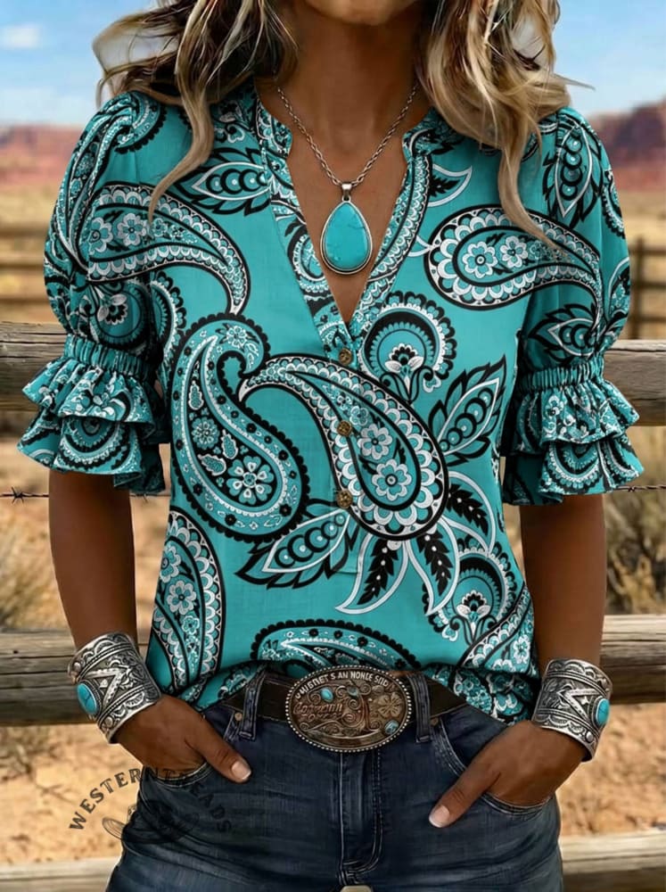 Women's Paisley Print Puff Sleeve Casual Shirt