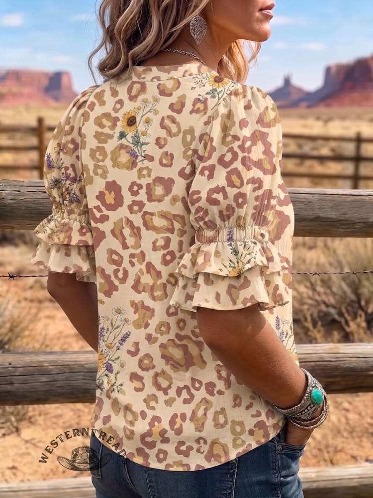 Vintage Art Print Comfortable Summer Fabrics Puff Sleeve Casual Shirt