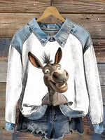 Funny Donkey Print Patchwork Denim Sweatshirt