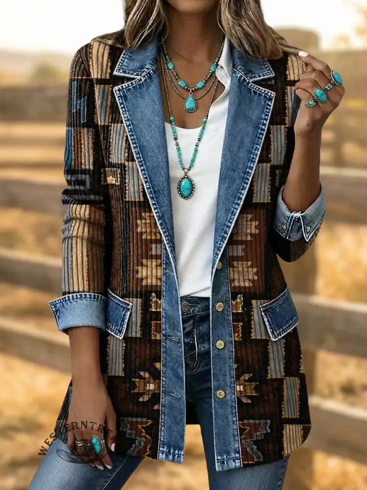 Retro Southwestern Art Print Patchwork Denim Sweater Cardigan Coat