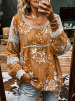 Women's Retro Floral Print Casual Lace Patchwork Shirt